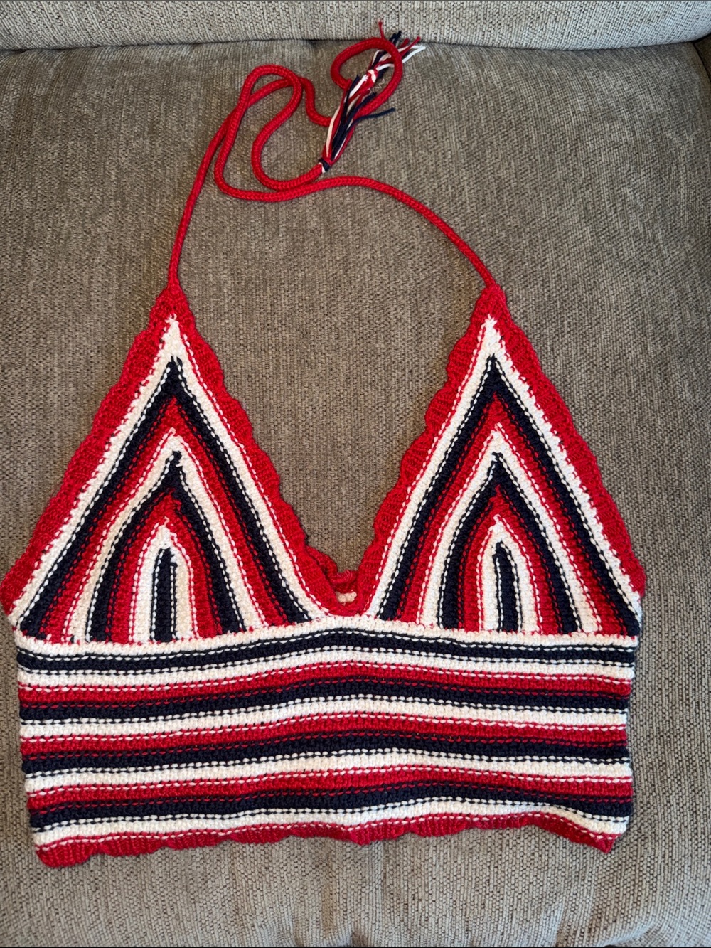 moon & madison Red, White & Navy Crocheted Halter Crop Top